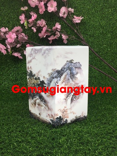 Thống nhỏ lục giác vẽ sơn thủy 