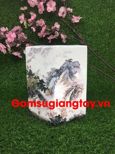 Thống nhỏ lục giác vẽ sơn thủy 
